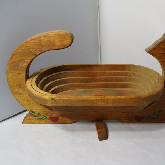 Vintage Folk Art Handcrafted Collapsible Wood Cat Shaped Wooden Basket Bowl - Picture 8 of 10